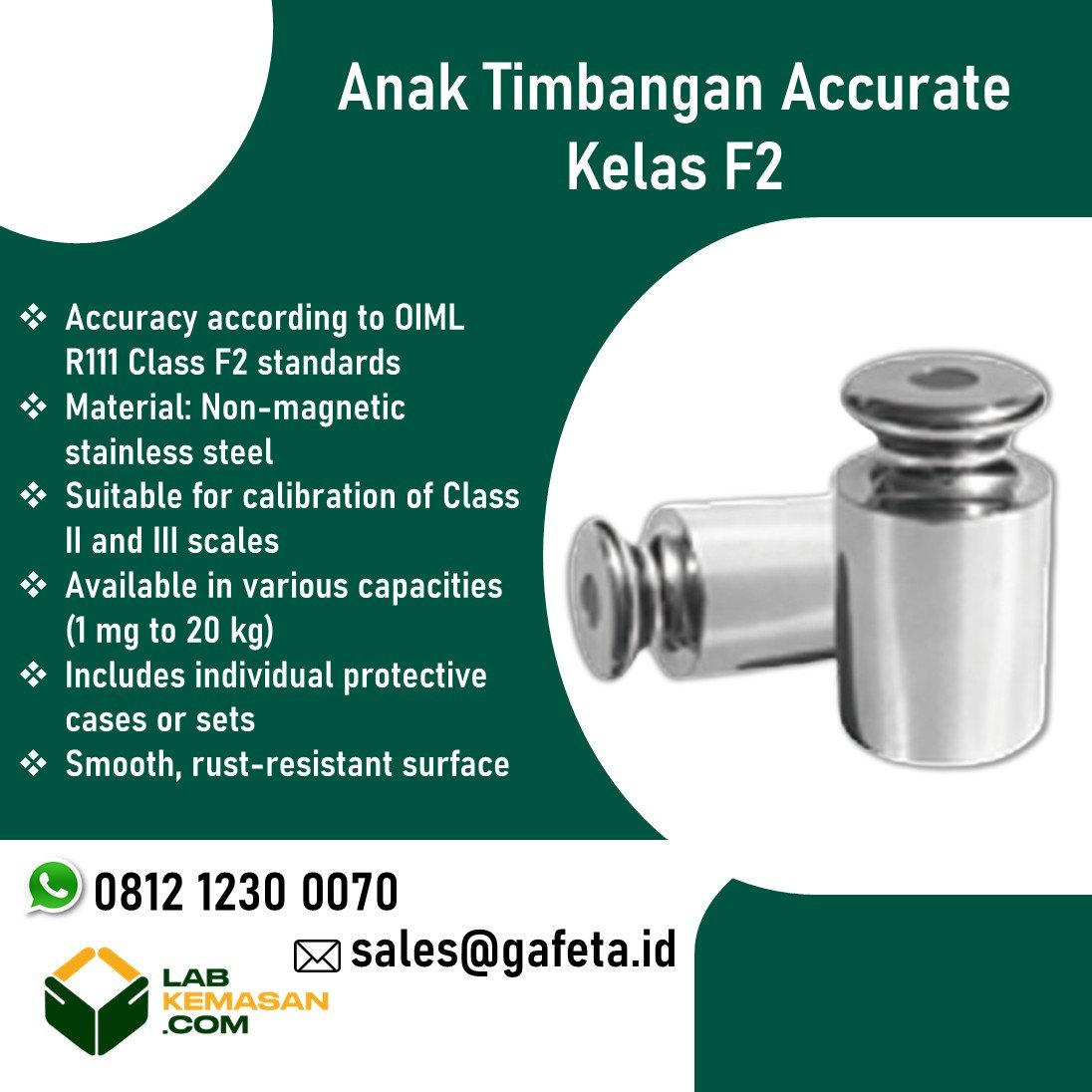 Dua anak timbangan kalibrasi kelas F2 Accurate dengan berat miligram, gram, dan kilogram.