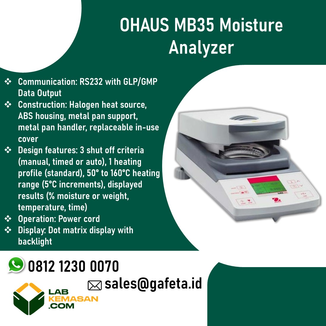 Moisture Analyzer OHAUS MB35 - Penguji Kadar Air Halogen Heating