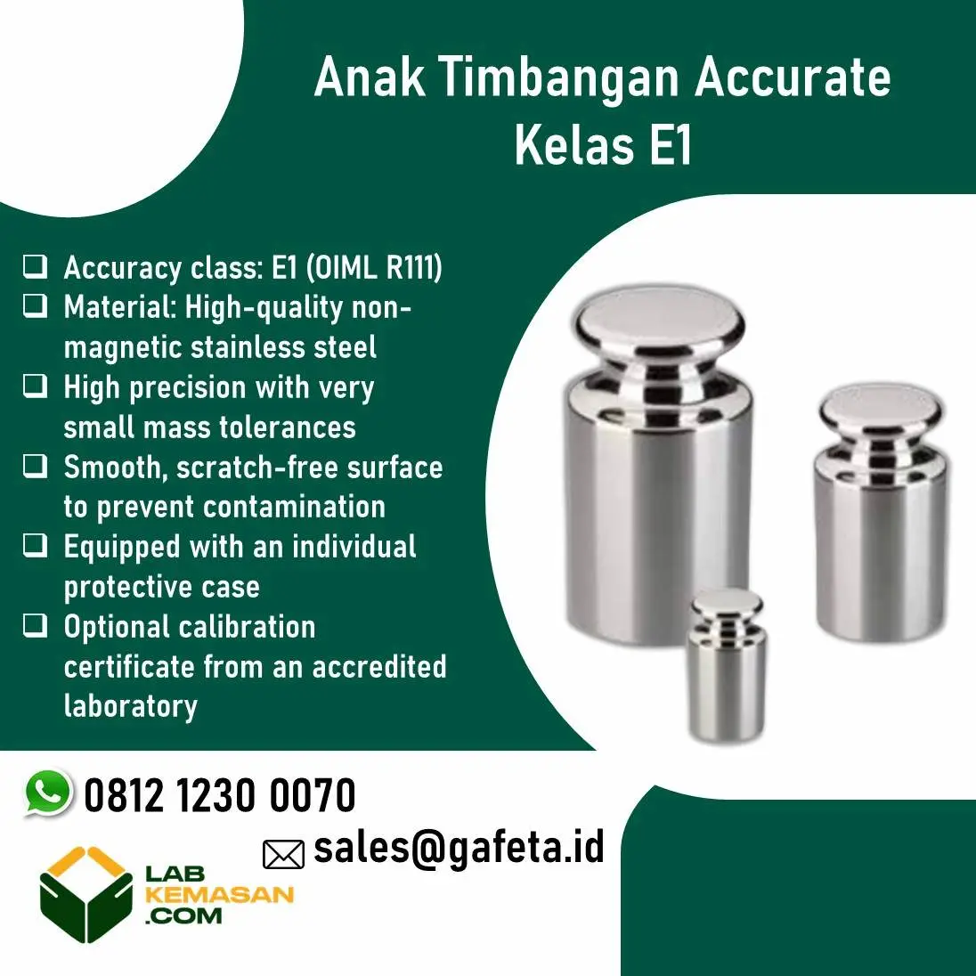 Anak Timbangan Kelas E1 Accurate untuk Analitik, Lab Metrologi, Farmasi